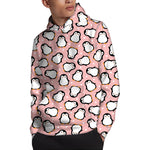 Pink Polka Dot Penguin Pattern Print Pullover Hoodie