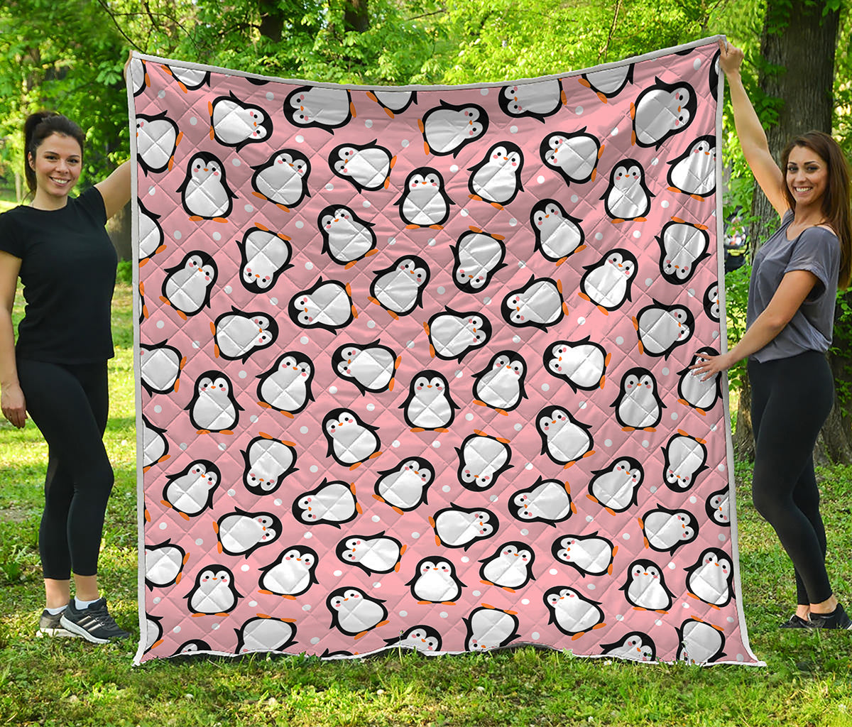 Pink Polka Dot Penguin Pattern Print Quilt