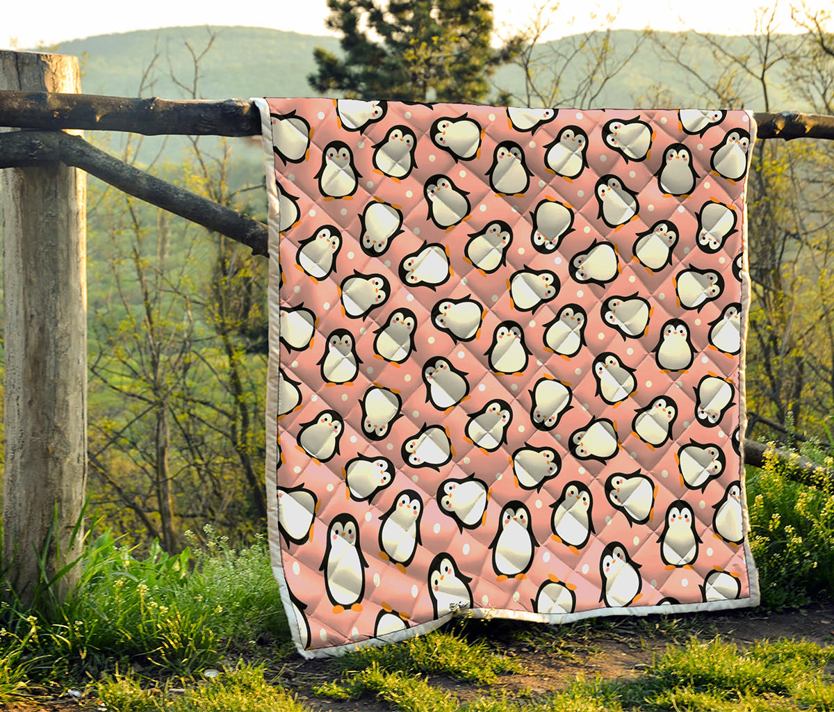 Pink Polka Dot Penguin Pattern Print Quilt