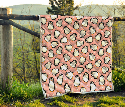 Pink Polka Dot Penguin Pattern Print Quilt