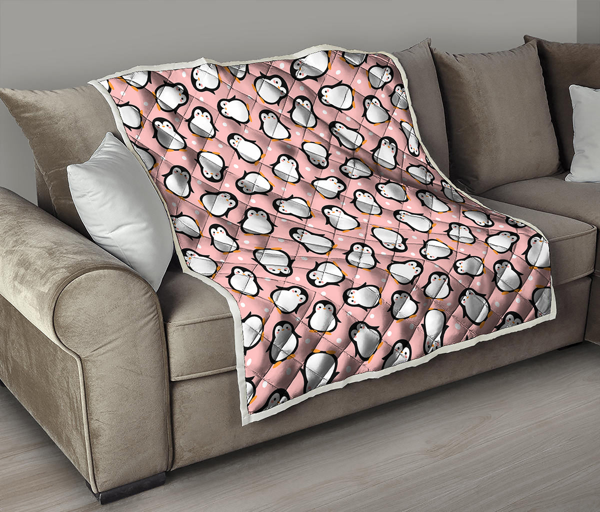 Pink Polka Dot Penguin Pattern Print Quilt
