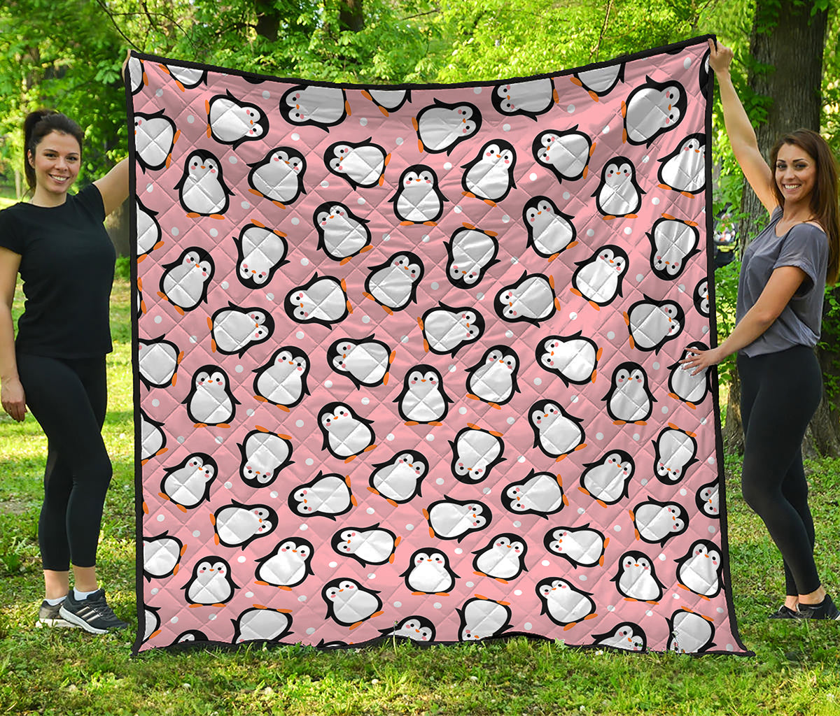 Pink Polka Dot Penguin Pattern Print Quilt