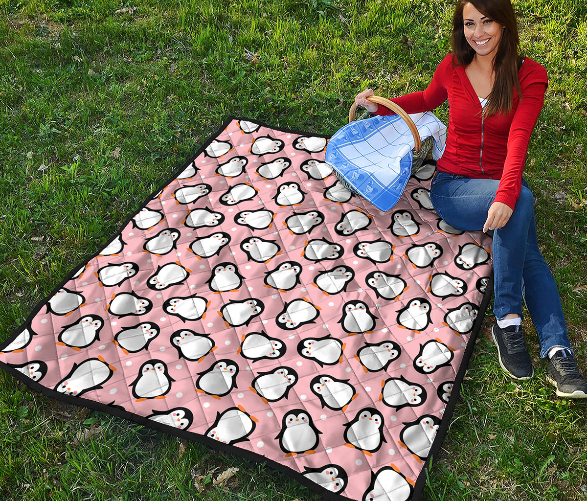 Pink Polka Dot Penguin Pattern Print Quilt