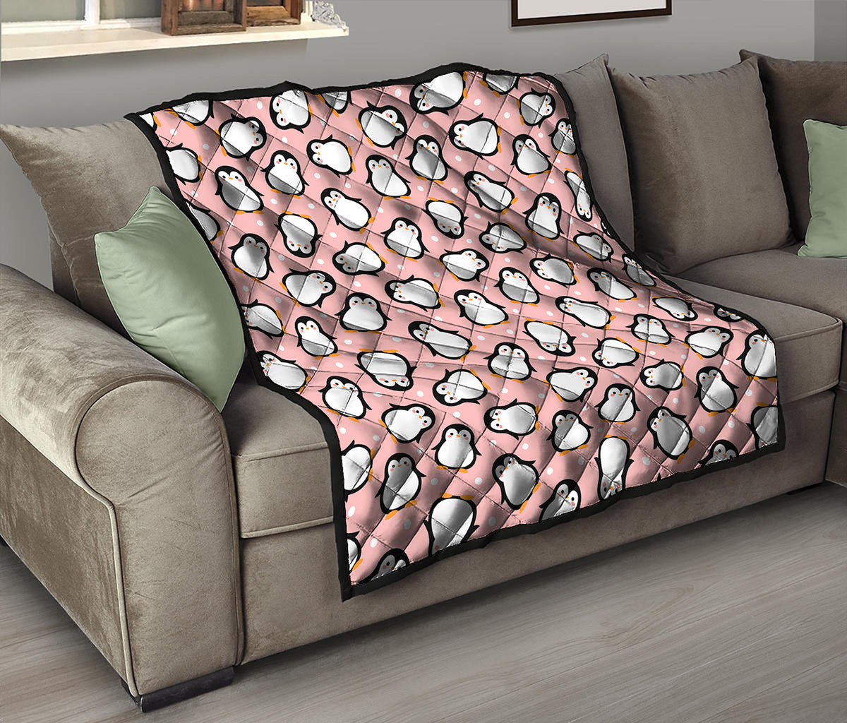 Pink Polka Dot Penguin Pattern Print Quilt