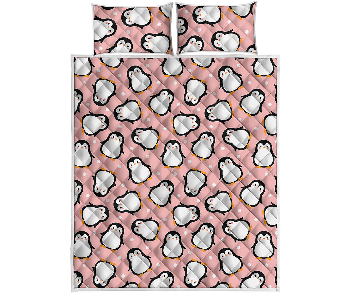 Pink Polka Dot Penguin Pattern Print Quilt Bed Set