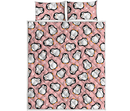 Pink Polka Dot Penguin Pattern Print Quilt Bed Set