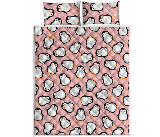 Pink Polka Dot Penguin Pattern Print Quilt Bed Set