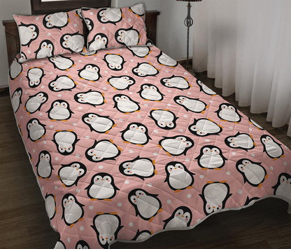 Pink Polka Dot Penguin Pattern Print Quilt Bed Set