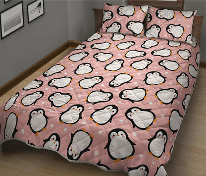 Pink Polka Dot Penguin Pattern Print Quilt Bed Set