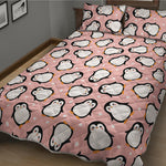 Pink Polka Dot Penguin Pattern Print Quilt Bed Set