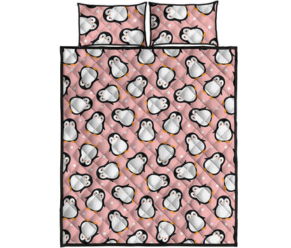 Pink Polka Dot Penguin Pattern Print Quilt Bed Set