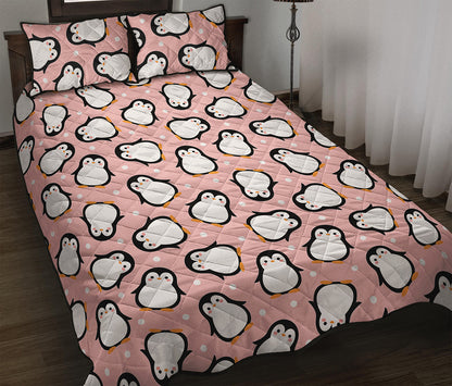 Pink Polka Dot Penguin Pattern Print Quilt Bed Set