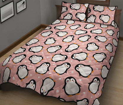 Pink Polka Dot Penguin Pattern Print Quilt Bed Set