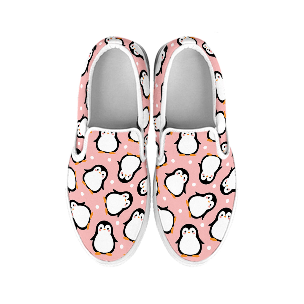 Pink Polka Dot Penguin Pattern Print White Slip On Shoes