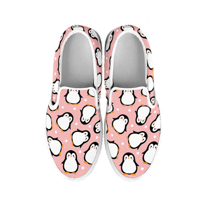Pink Polka Dot Penguin Pattern Print White Slip On Shoes