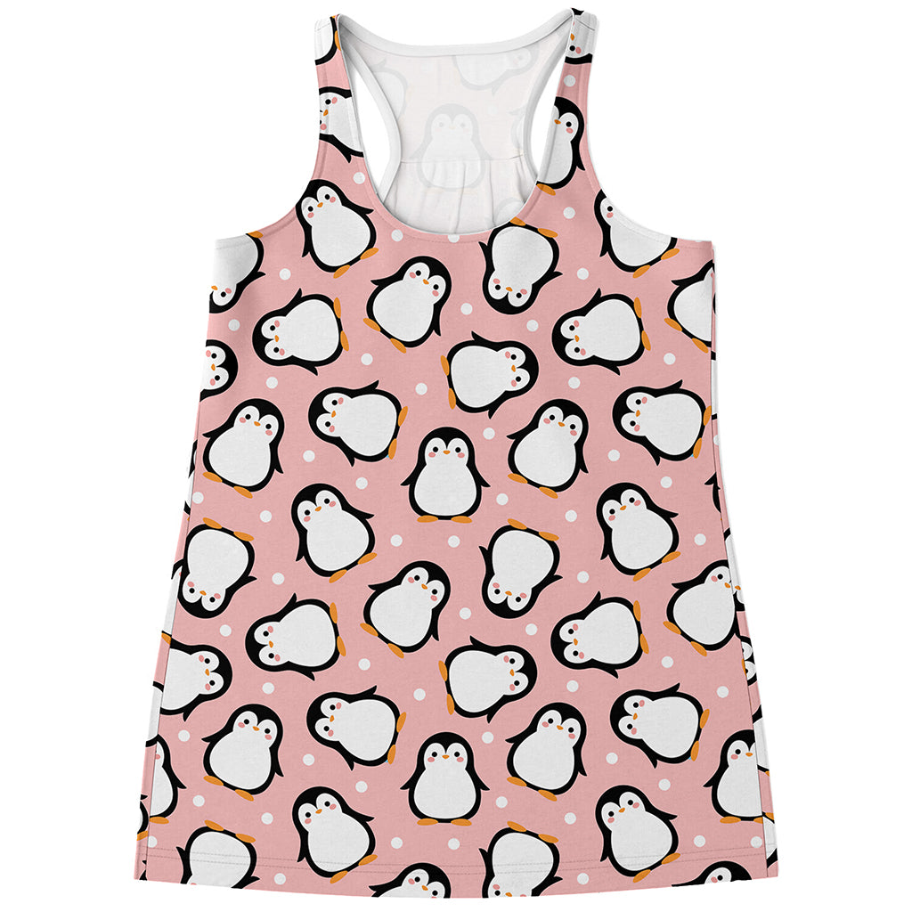 Pink Polka Dot Penguin Pattern Print Women's Racerback Tank Top