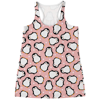 Pink Polka Dot Penguin Pattern Print Women's Racerback Tank Top