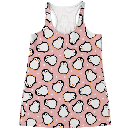 Pink Polka Dot Penguin Pattern Print Women's Racerback Tank Top