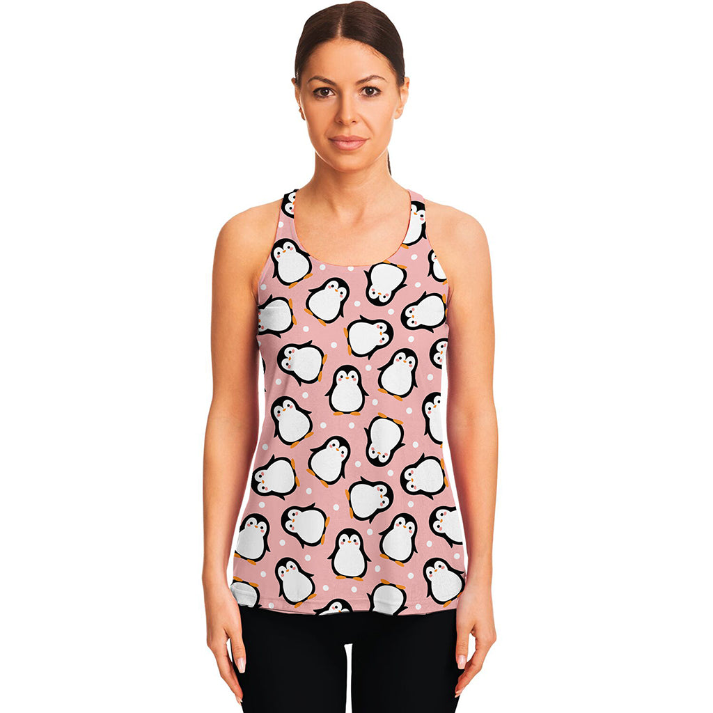 Pink Polka Dot Penguin Pattern Print Women's Racerback Tank Top