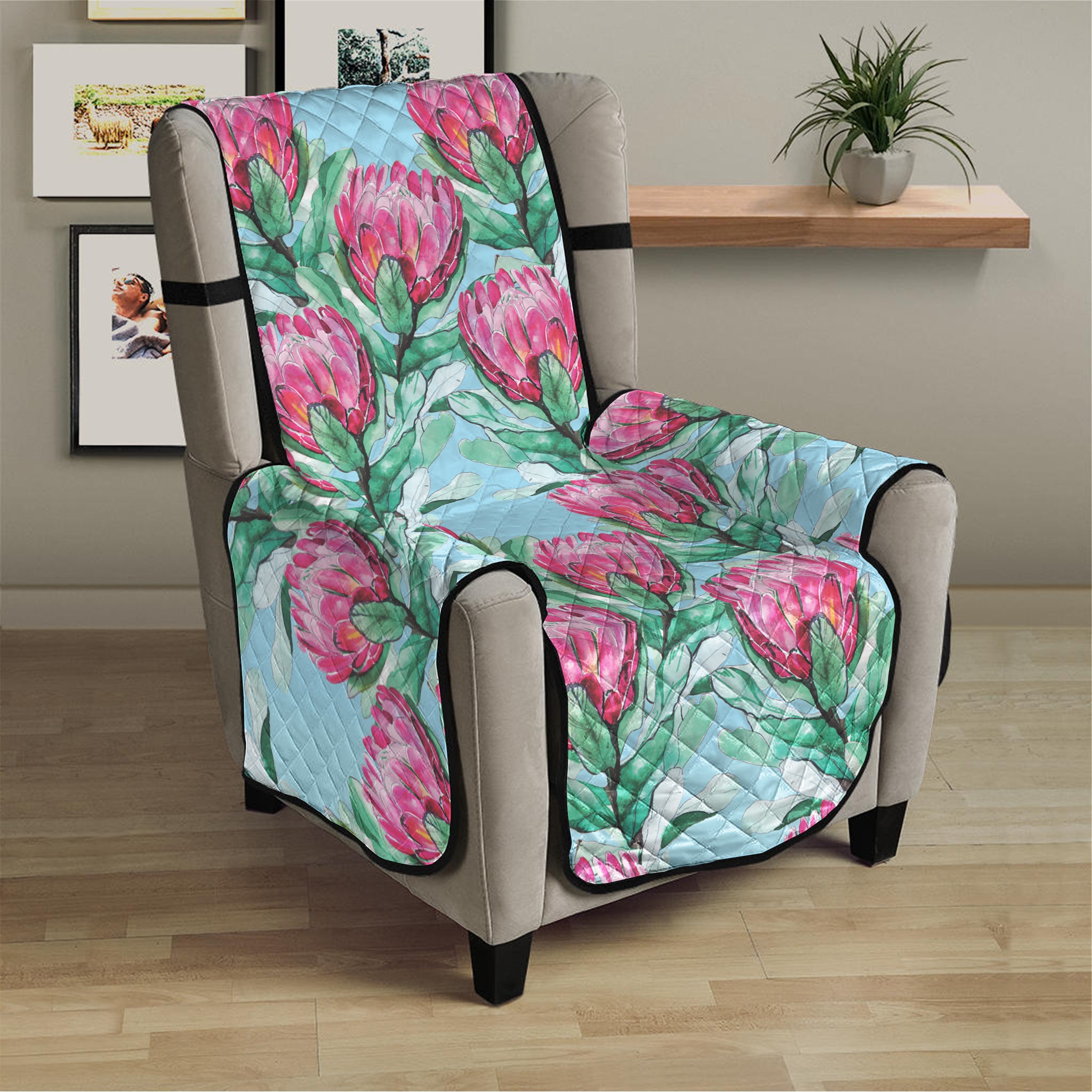 Pink Protea Pattern Print Armchair Protector