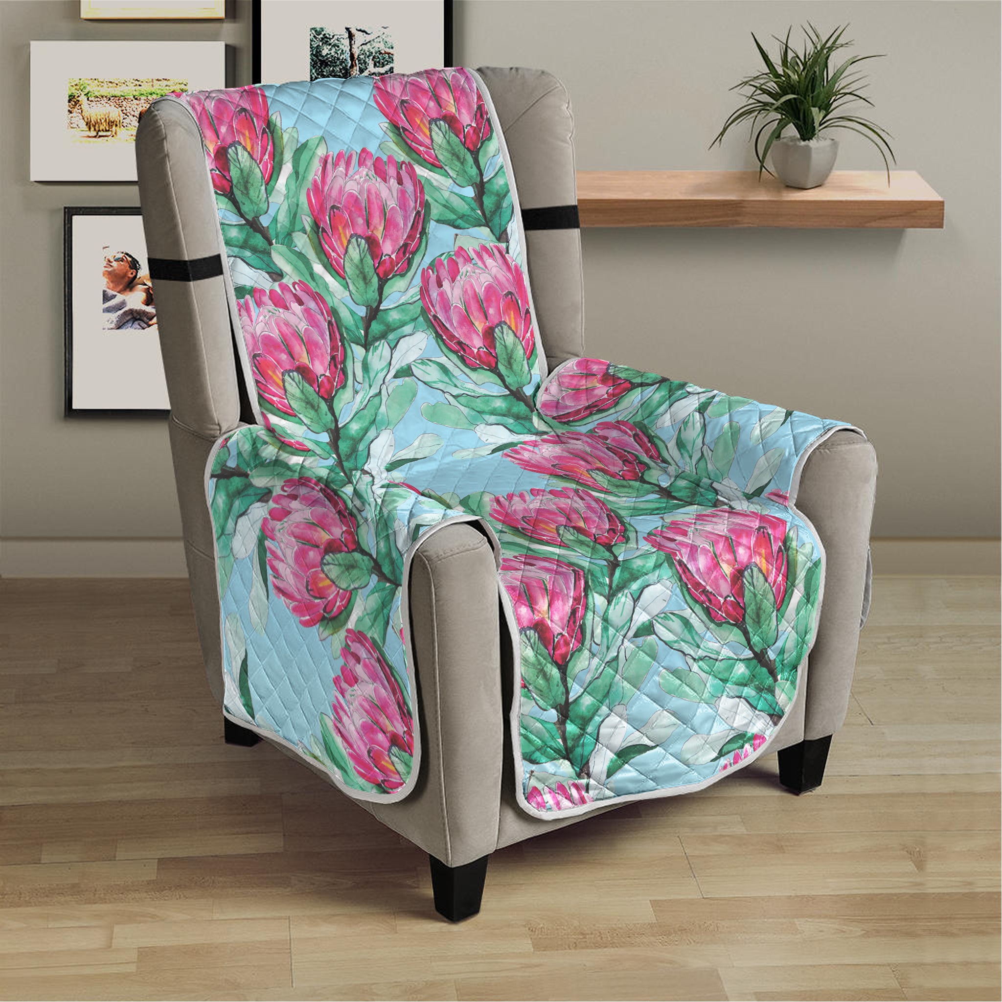 Pink Protea Pattern Print Armchair Protector