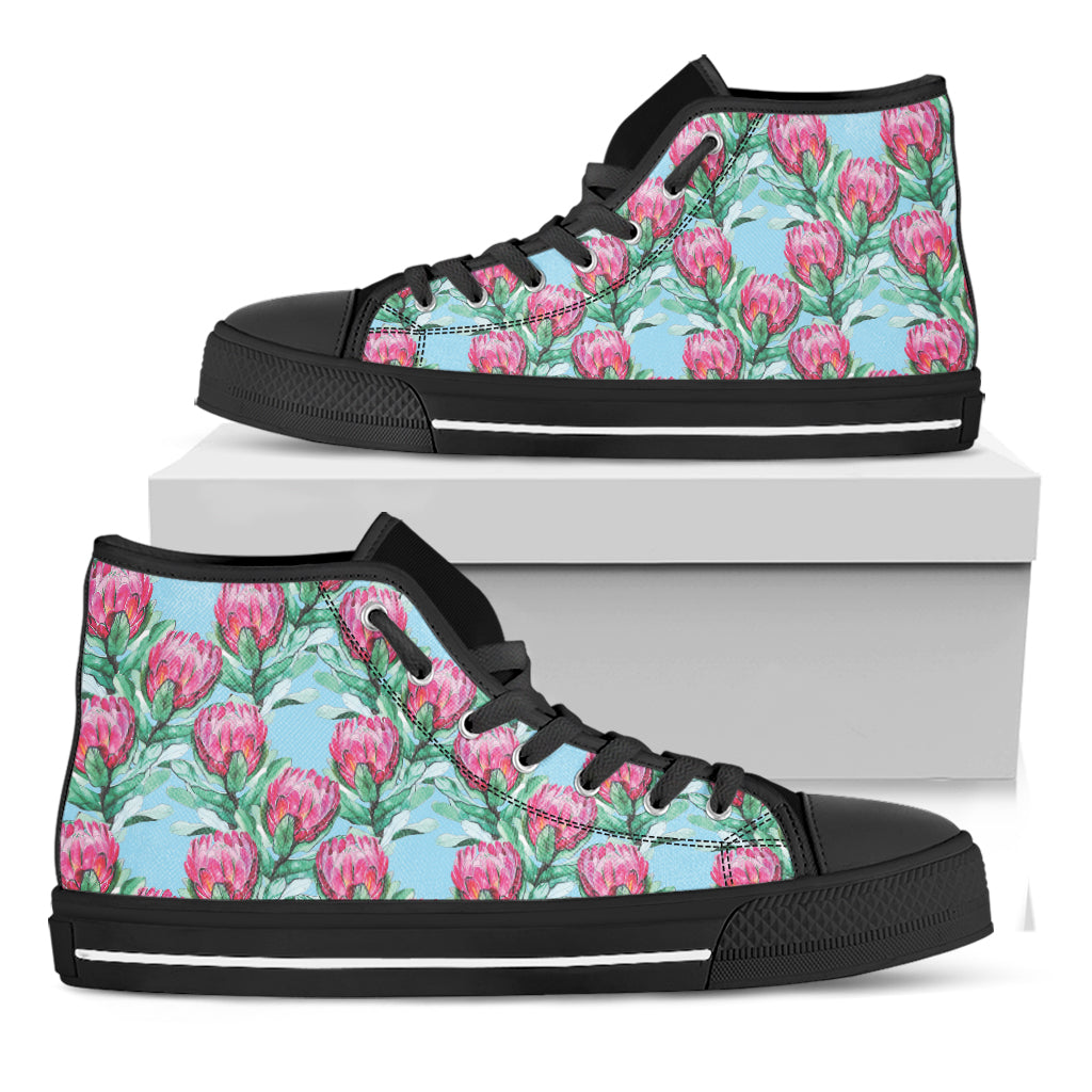 Pink Protea Pattern Print Black High Top Shoes