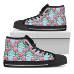 Pink Protea Pattern Print Black High Top Shoes