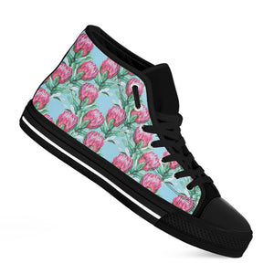 Pink Protea Pattern Print Black High Top Shoes