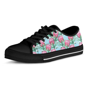 Pink Protea Pattern Print Black Low Top Shoes