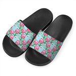 Pink Protea Pattern Print Black Slide Sandals