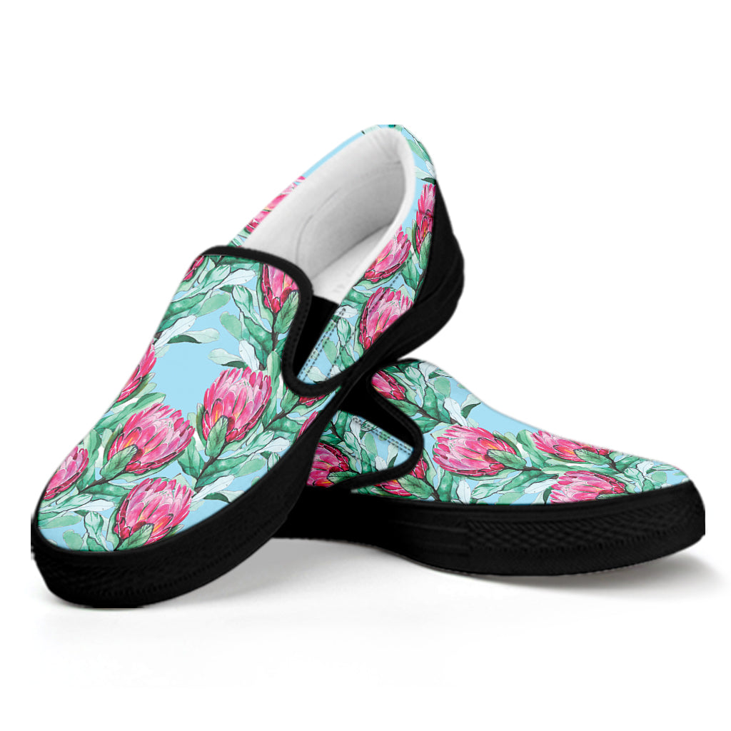 Pink Protea Pattern Print Black Slip On Shoes