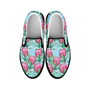 Pink Protea Pattern Print Black Slip On Shoes