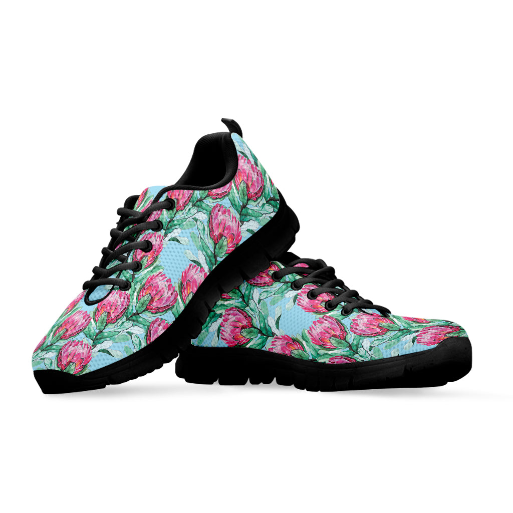 Pink Protea Pattern Print Black Sneakers