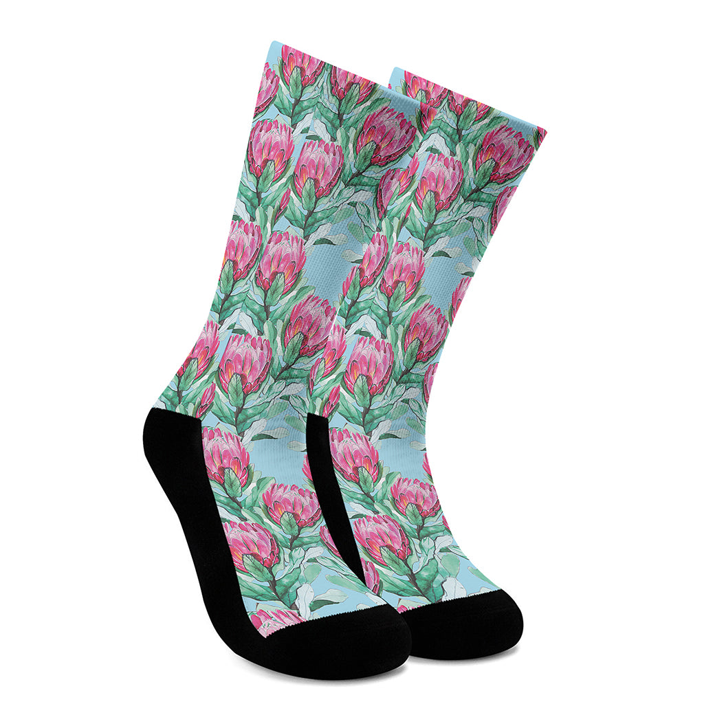 Pink Protea Pattern Print Crew Socks