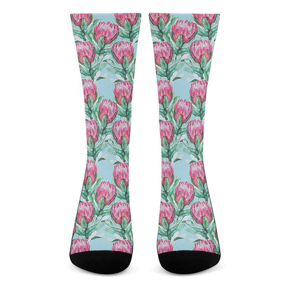 Pink Protea Pattern Print Crew Socks