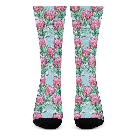Pink Protea Pattern Print Crew Socks