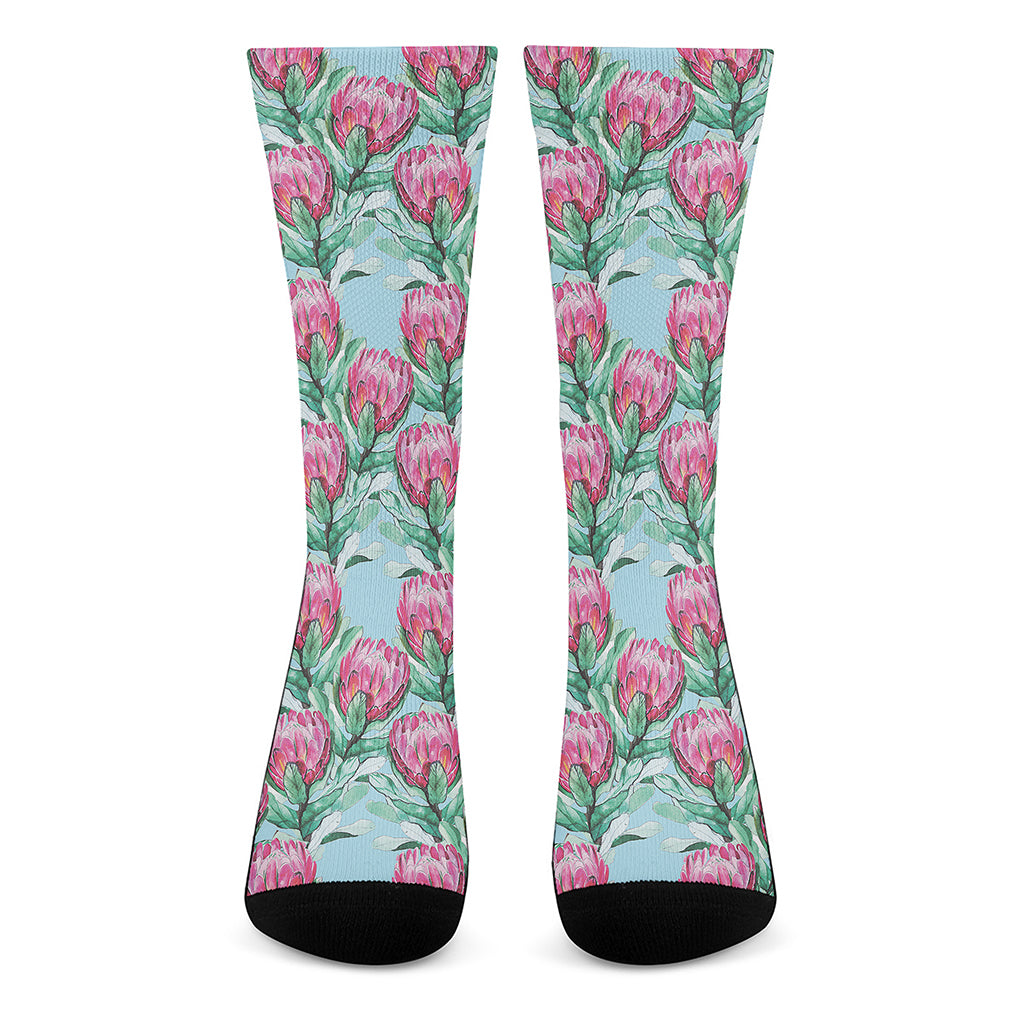 Pink Protea Pattern Print Crew Socks