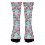 Pink Protea Pattern Print Crew Socks