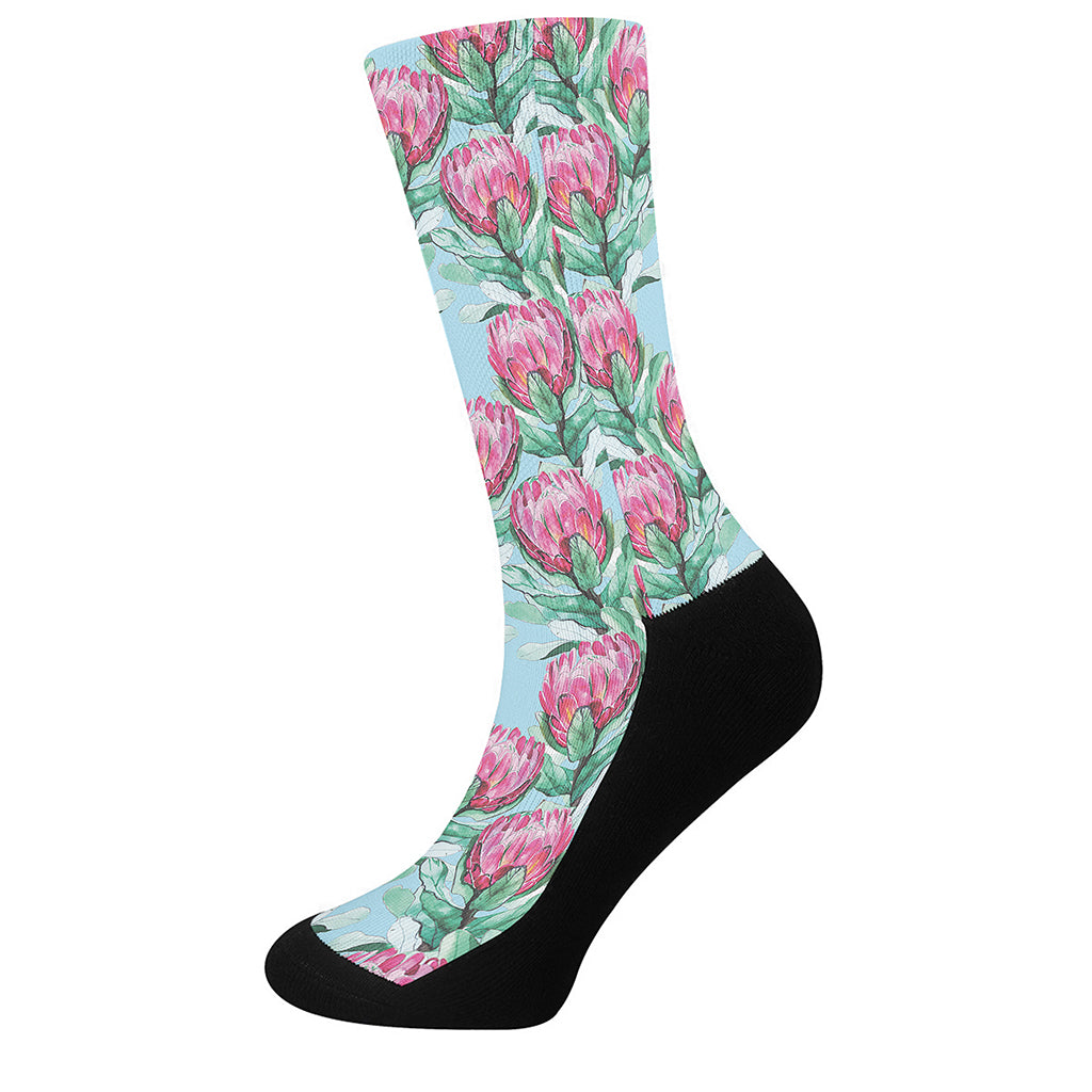 Pink Protea Pattern Print Crew Socks