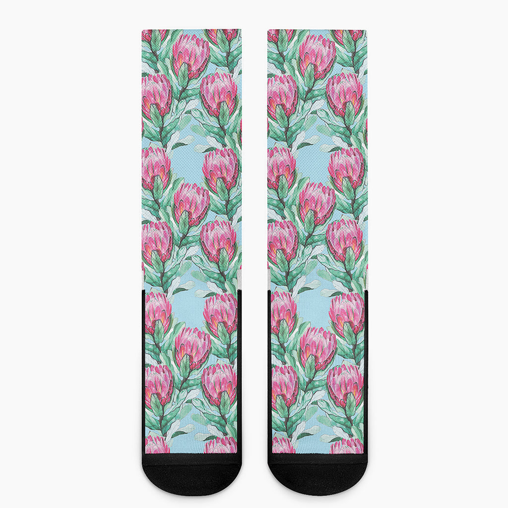 Pink Protea Pattern Print Crew Socks