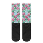 Pink Protea Pattern Print Crew Socks