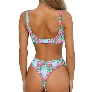 Pink Protea Pattern Print Front Bow Tie Bikini