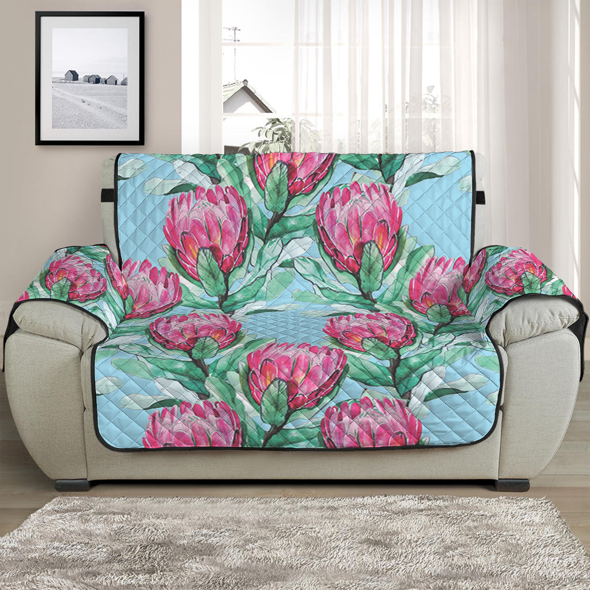 Pink Protea Pattern Print Half Sofa Protector