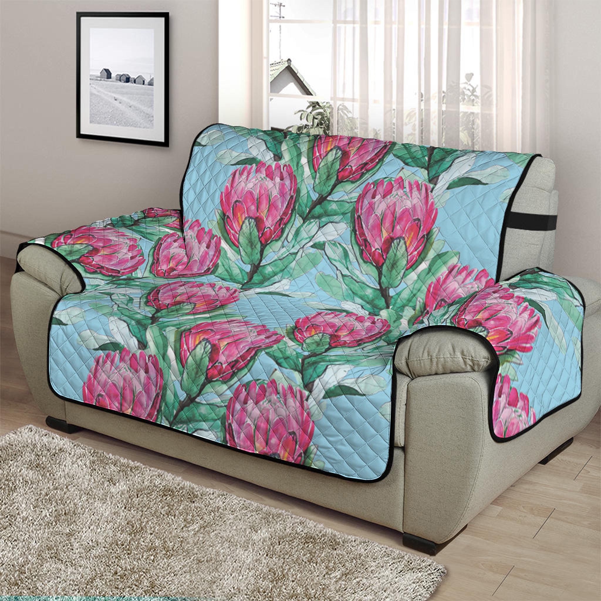 Pink Protea Pattern Print Half Sofa Protector