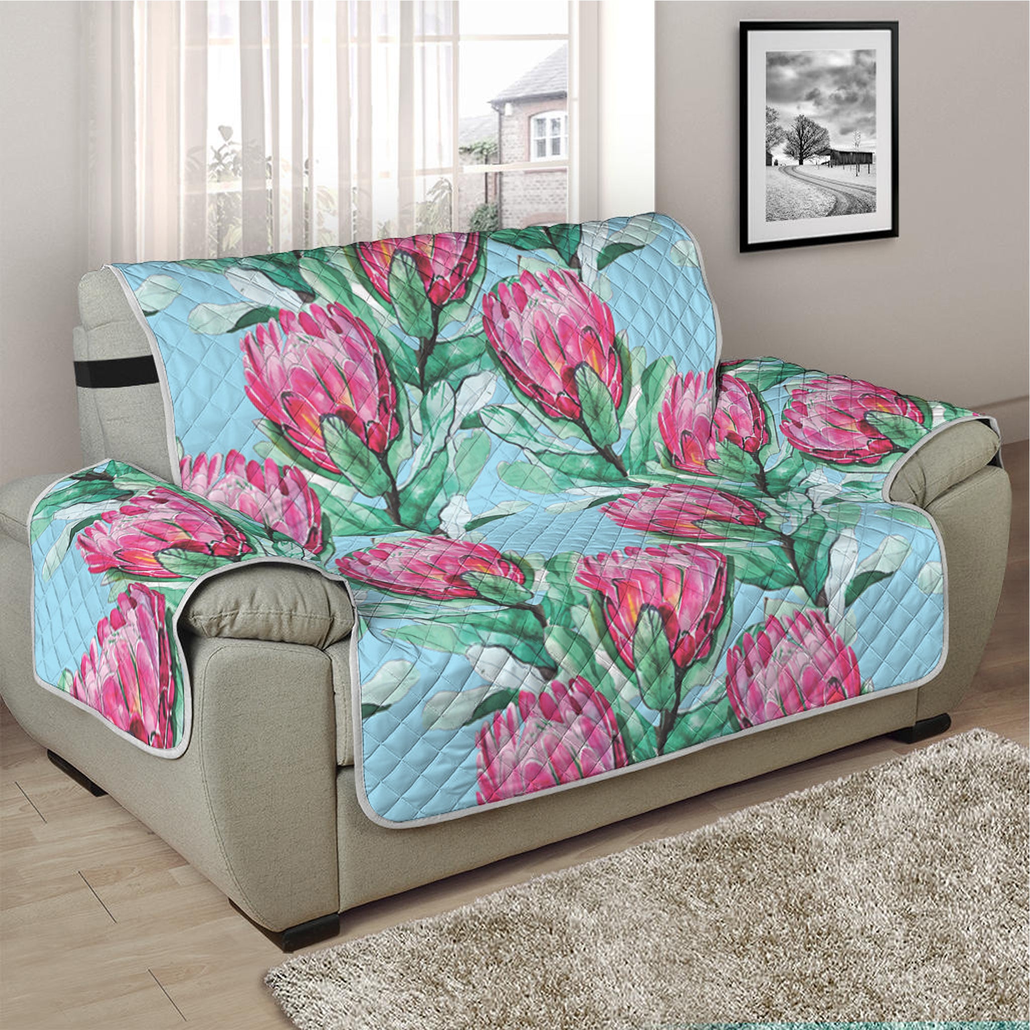 Pink Protea Pattern Print Half Sofa Protector