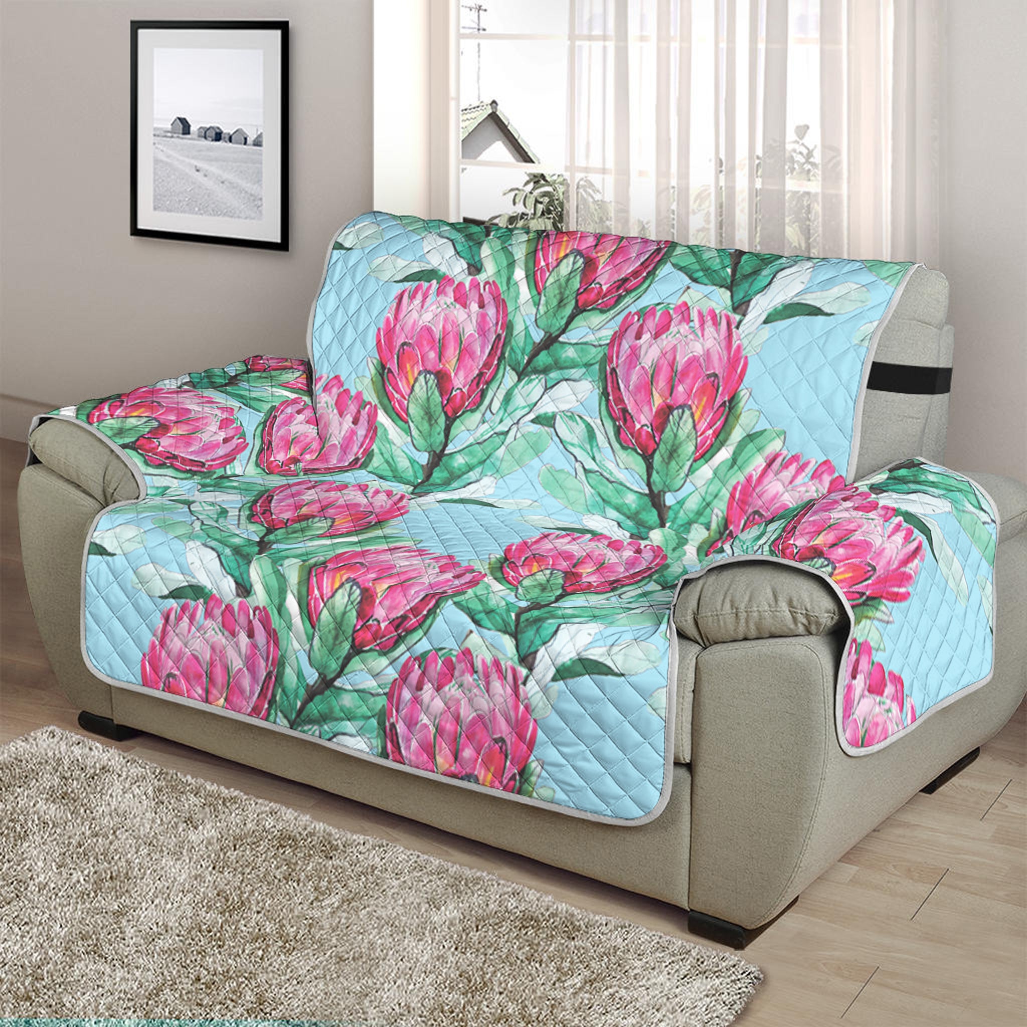 Pink Protea Pattern Print Half Sofa Protector