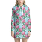 Pink Protea Pattern Print Hoodie Dress