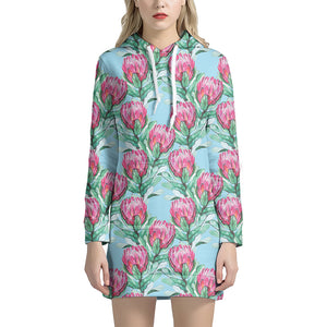 Pink Protea Pattern Print Hoodie Dress