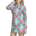 Pink Protea Pattern Print Hoodie Dress