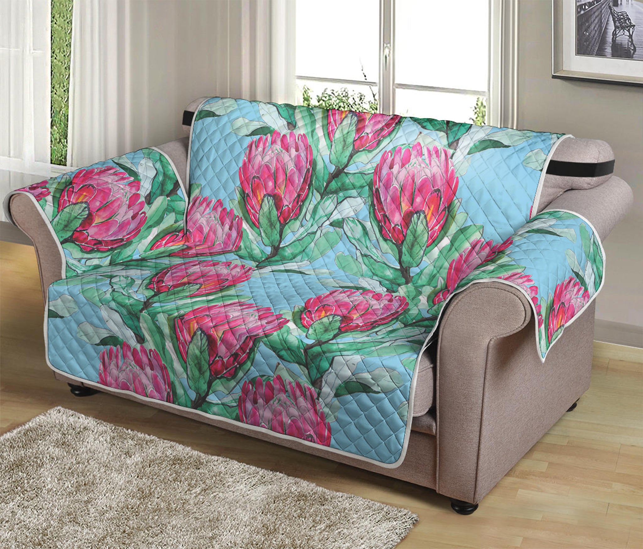 Pink Protea Pattern Print Loveseat Protector